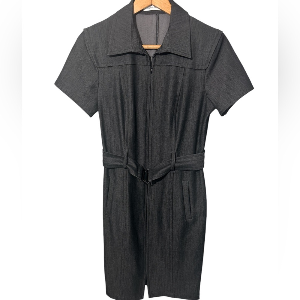 CALVIN KLEIN Gray Short Sleeve Military Trench Dress Size 6 Belted Grunge